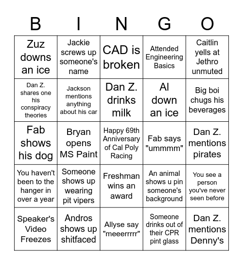 Cal Poly Racing Banquet 2021 Bingo Card