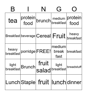 Meal Planning Bingo Card