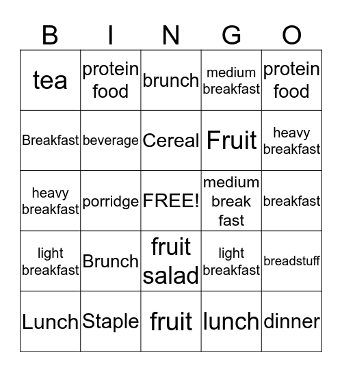 Meal Planning Bingo Card