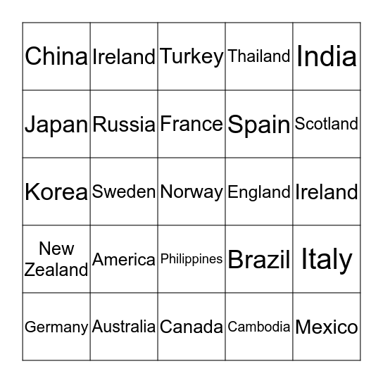 Where are you from? Bingo Card