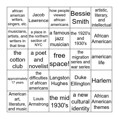 The Harlem Renaissance Bingo Card