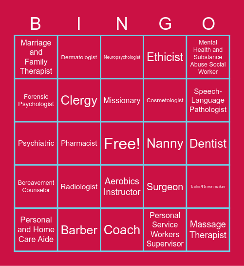Health Science, Education and Human Services Careers Bingo Card