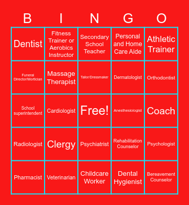 Health Science, Education , Human Services Careers Bingo Card