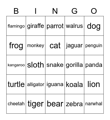 Animals Bingo Card