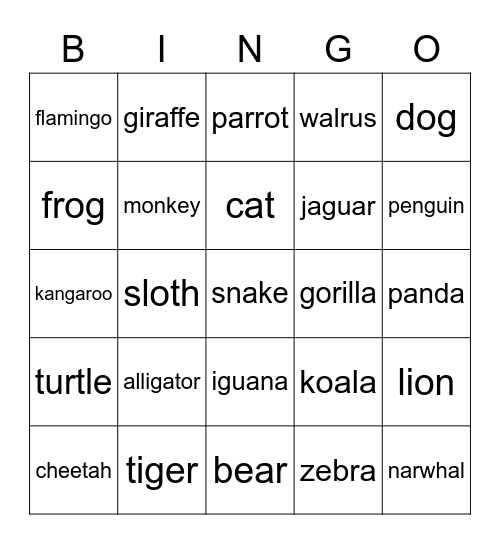 Animals Bingo Card