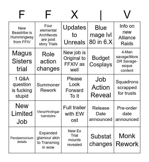 FFXIV FanFest Day 1 Bingo Card