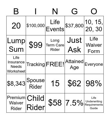 Life Insurance Bingo Card