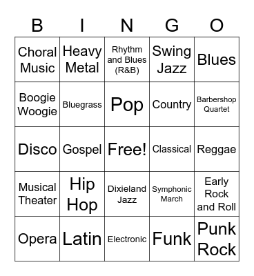 Music Styles Bingo Card