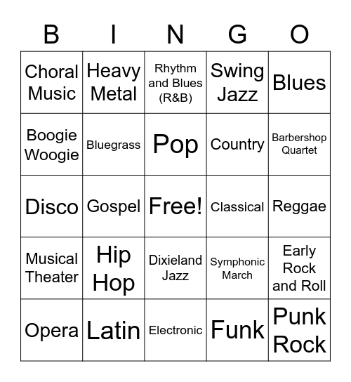 Music Styles Bingo Card