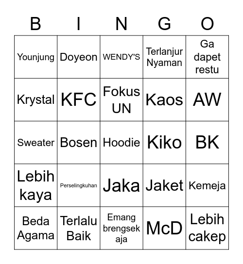 YJ's Bingo Card