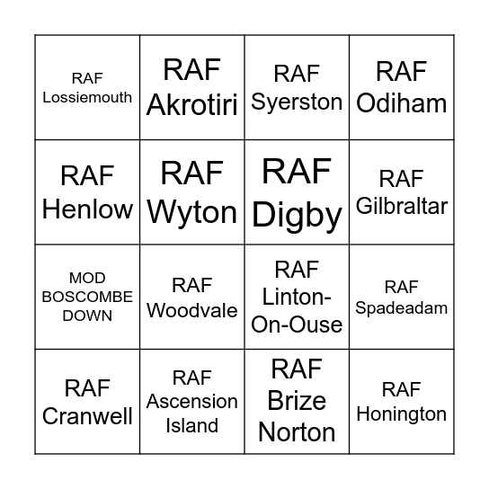 RAF Station Bingo Card