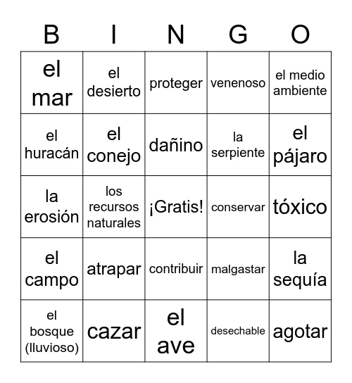 La naturaleza Bingo Card