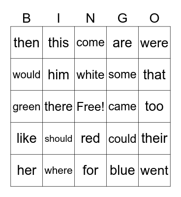 Sight Words Bingo Card