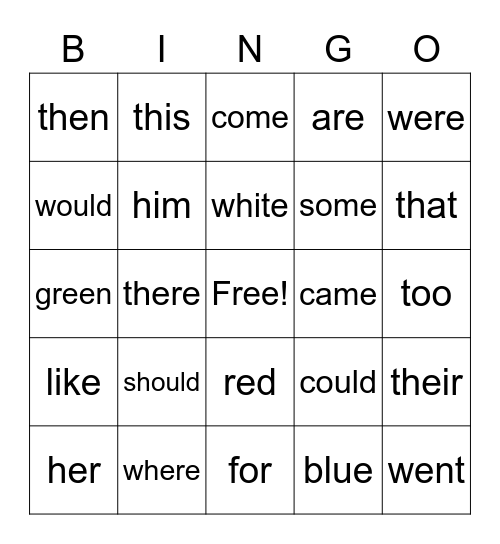 Sight Words Bingo Card