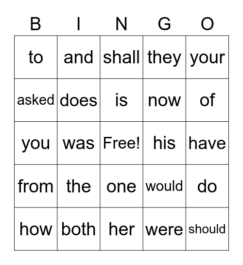 sight word bingo Card
