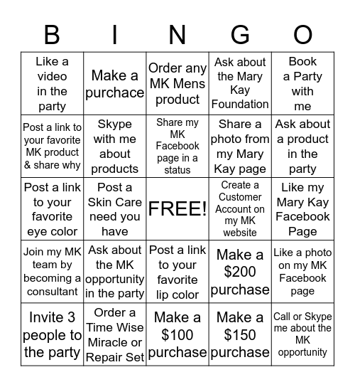 Mary Kay Party Bingo! Bingo Card