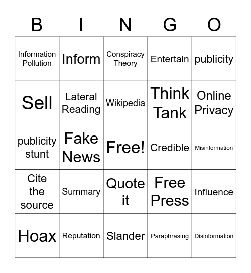 Media Vocab Bingo Card