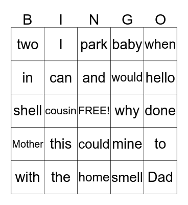 Sight Words Bingo Card