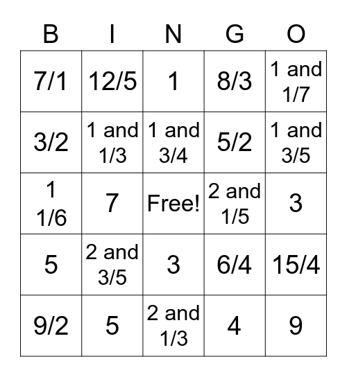 Improper Fractions RS1 Bingo Card