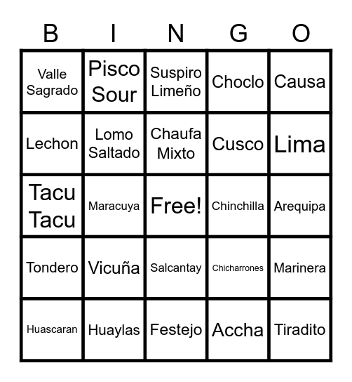 Peruvian Culture Bingo Card