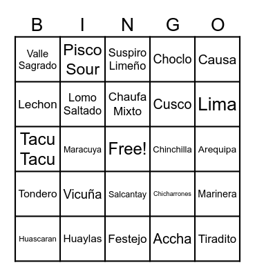 Peruvian Culture Bingo Card