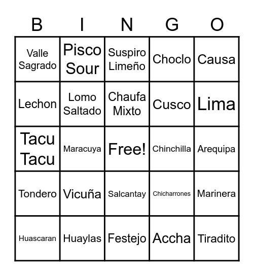 Peruvian Culture Bingo Card