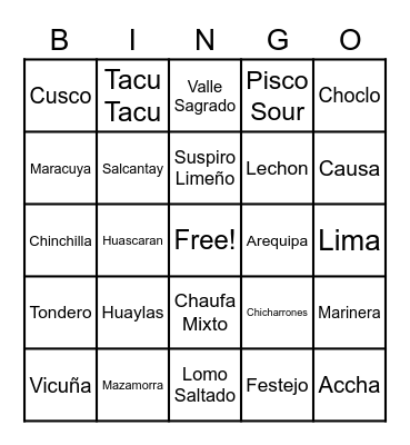 Peruvian Culture Bingo Card