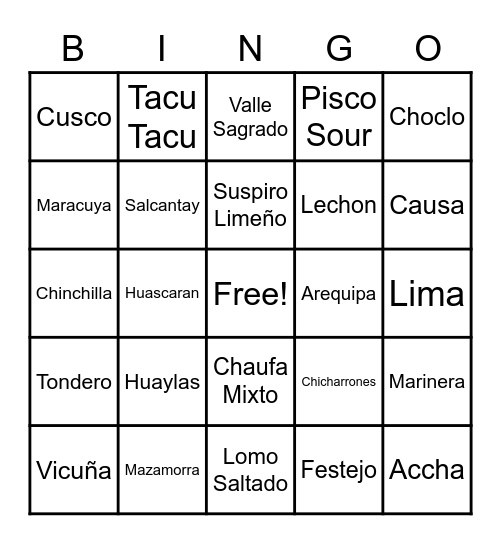 Peruvian Culture Bingo Card