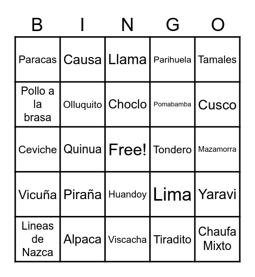 Cultura Peruana Bingo Card