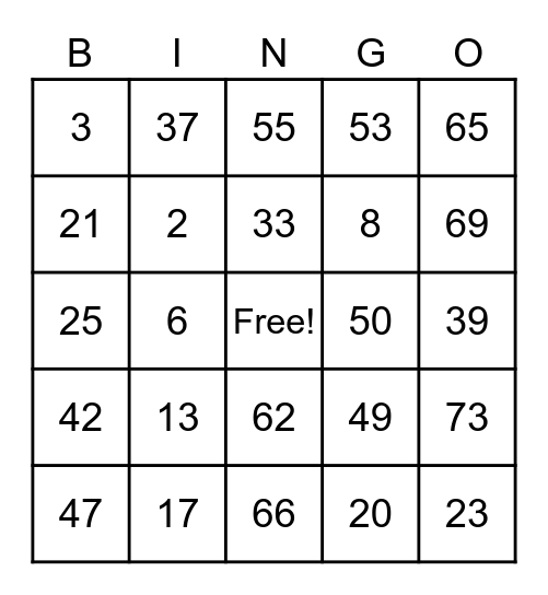 Number Bingo Card