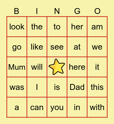 Sight Words Bingo Card