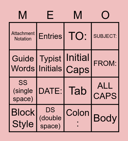 Memo Bingo Card