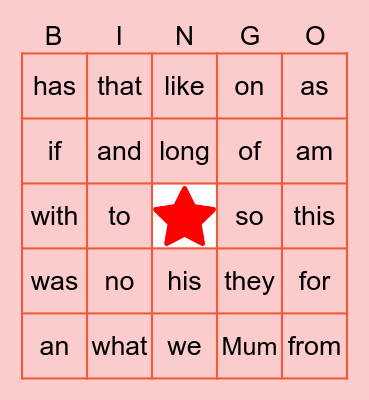 Sight Words Bingo Card