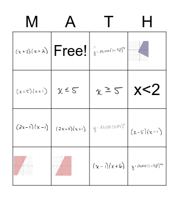 Algebra I Final Exam Review Bingo Card