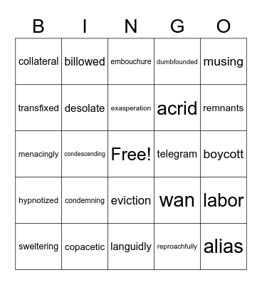 Roll of Thunder Vocab Bingo Card