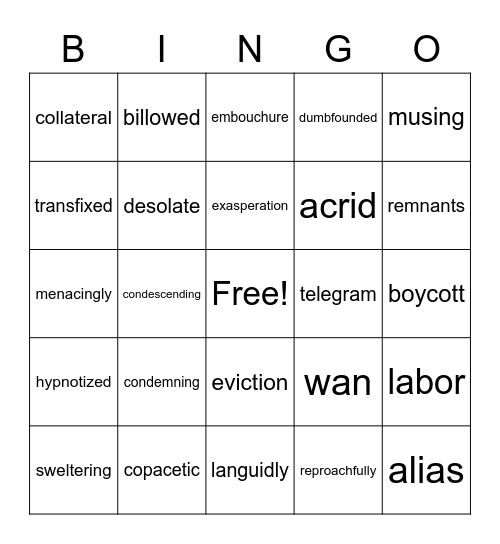 Roll of Thunder Vocab Bingo Card