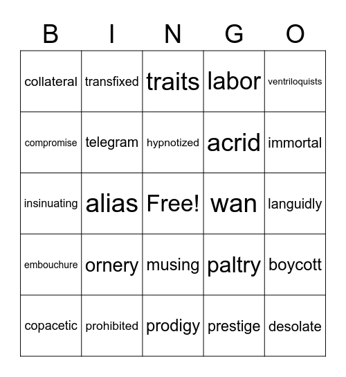 Bud Not Buddy Vocab Bingo Card