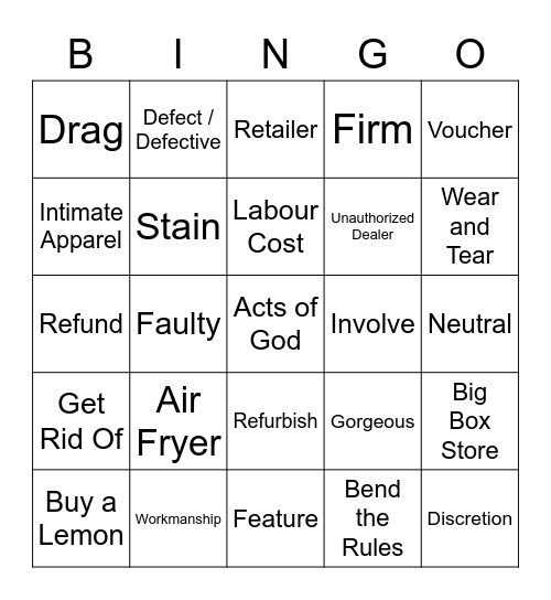 Returning an Item Bingo Card