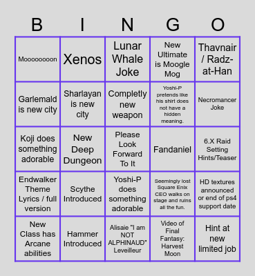 FFXIV Fanfest Grievance Livestream Bingo Card