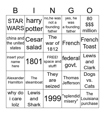 Thomas Jefferson Bingo Card