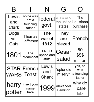 Thomas Jefferson Bingo Card