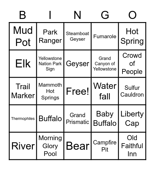 Yellowstone National Park Bingo Card