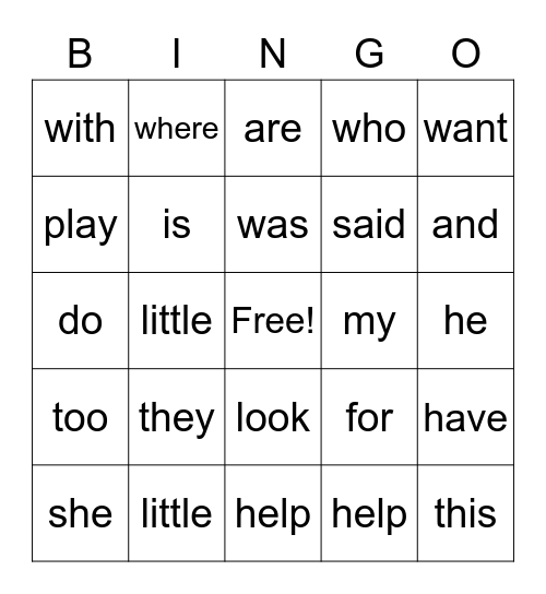 Sight Words Bingo Card