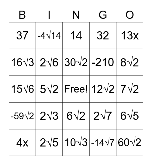 Simplifying Radical Bingo Card