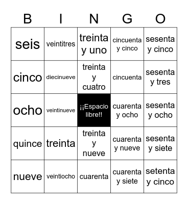 Los números - una a setenta y cinco - Spanish numbers one to seventy-five Bingo Card