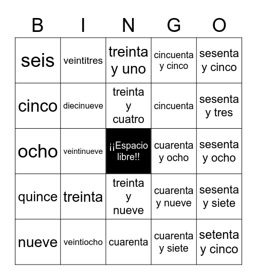 Los números - una a setenta y cinco - Spanish numbers one to seventy-five Bingo Card