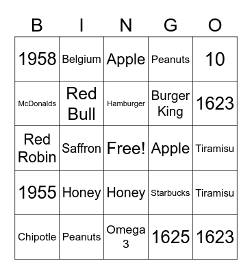 Binjeo Food Challenge Bingo Card