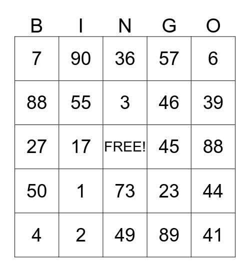 Table Number : __ Bingo Card