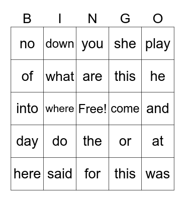 Sight Words Bingo Card