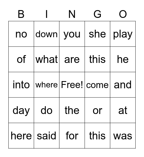 Sight Words Bingo Card